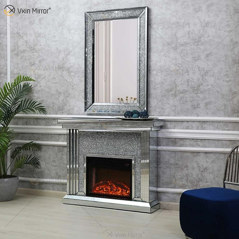 Manufactory direct living room decoration WXWF-1104 Crushed Diamond Modern Mirror Fireplace free standing fireplace indoor firep