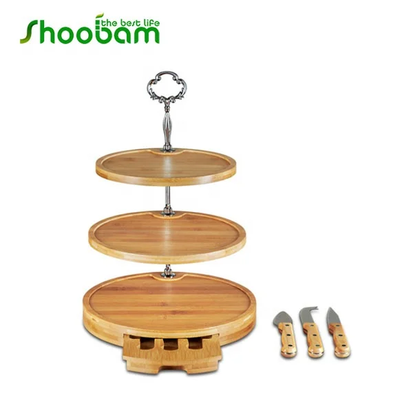 Bamboo 3 Tiered Stand Cheese Board Knife Set for Weddings and Parties