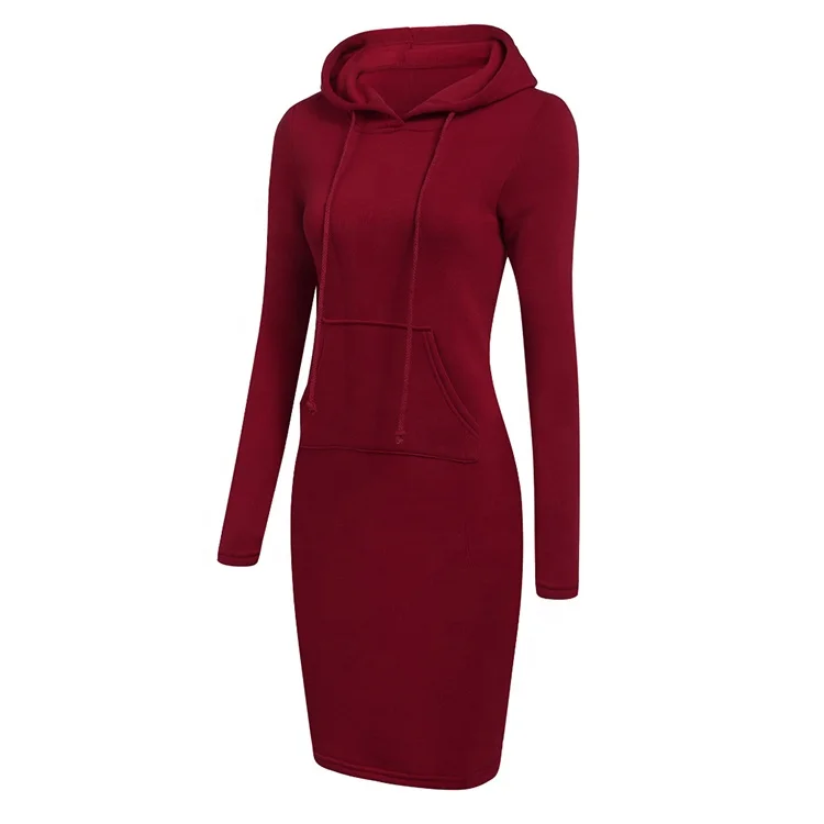 Wholesale Autumn Women Casual Long Sleeve Drawstring Hoodie Sweater Dress With Pocket