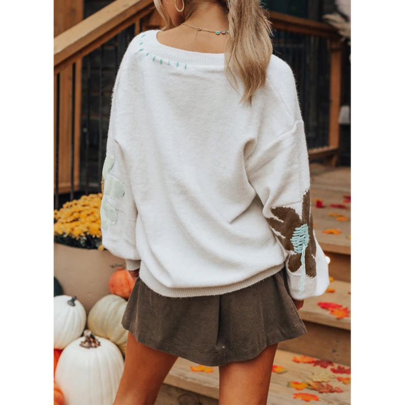 Dear-Lover Oem Odm Private Label Sweater Ladies Big Flower Pattern V Neck Drop Shoulder Sweater