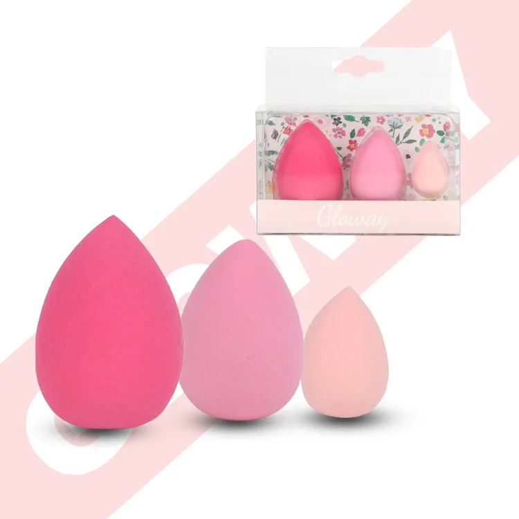 Custom Gradient Color Pink 3Pcs Mini Soft Makeup Blender Sponge Set With Pvc Box For Blending Foundation Cream And Powder