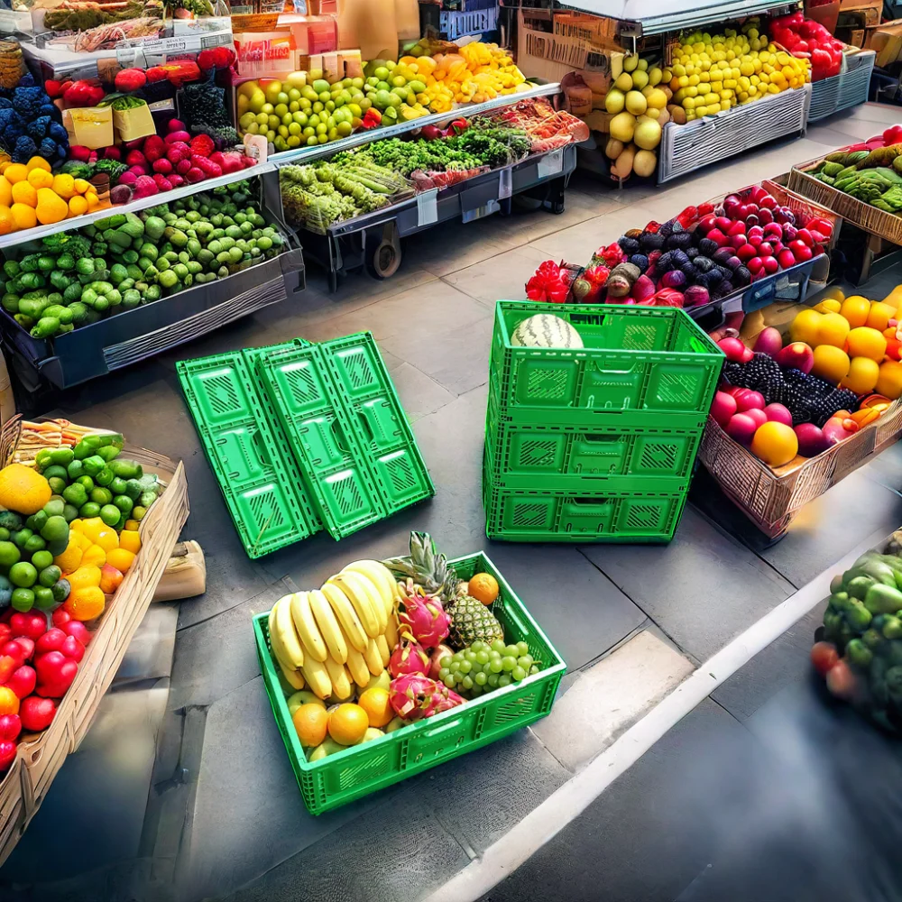 FIRST wholesale folding plastic fruit crate vegetable crates plastic heavy duty stackable storage moving box