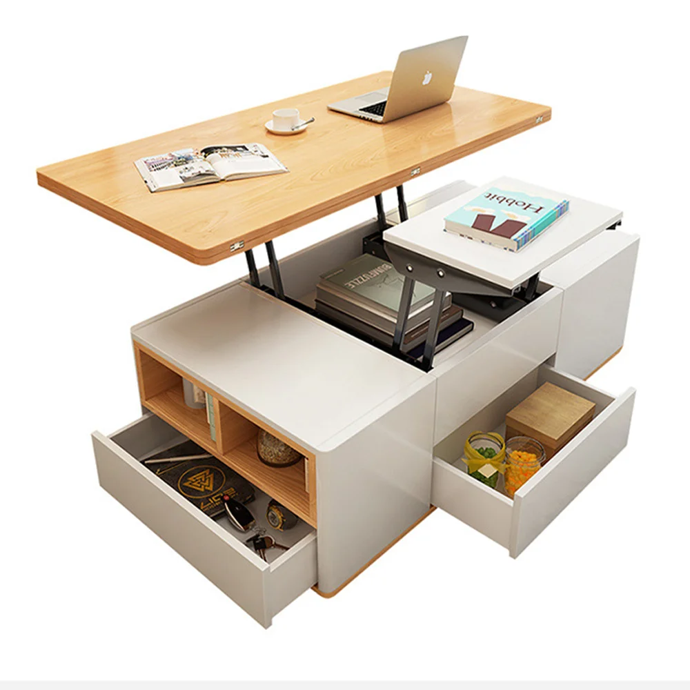 modern Multi-function folding coffee table tea table wooden with stools and Wheels for living room furniture