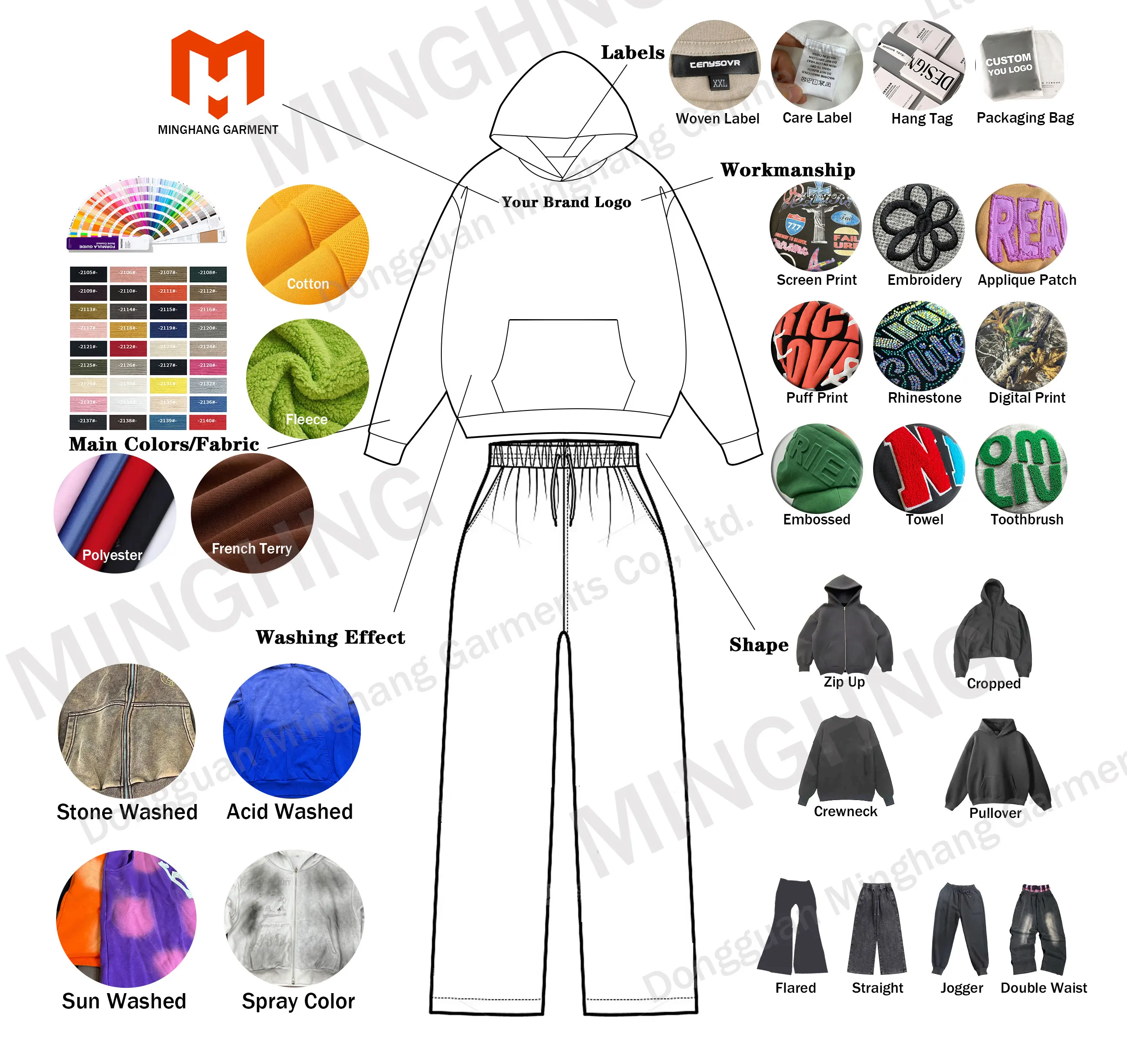 Custom Streetwear French Terry Cotton Boxy 3D Dtg Sublimation Print Real Acid Washed Hoodies and Sweatpants Tracksuit Set
