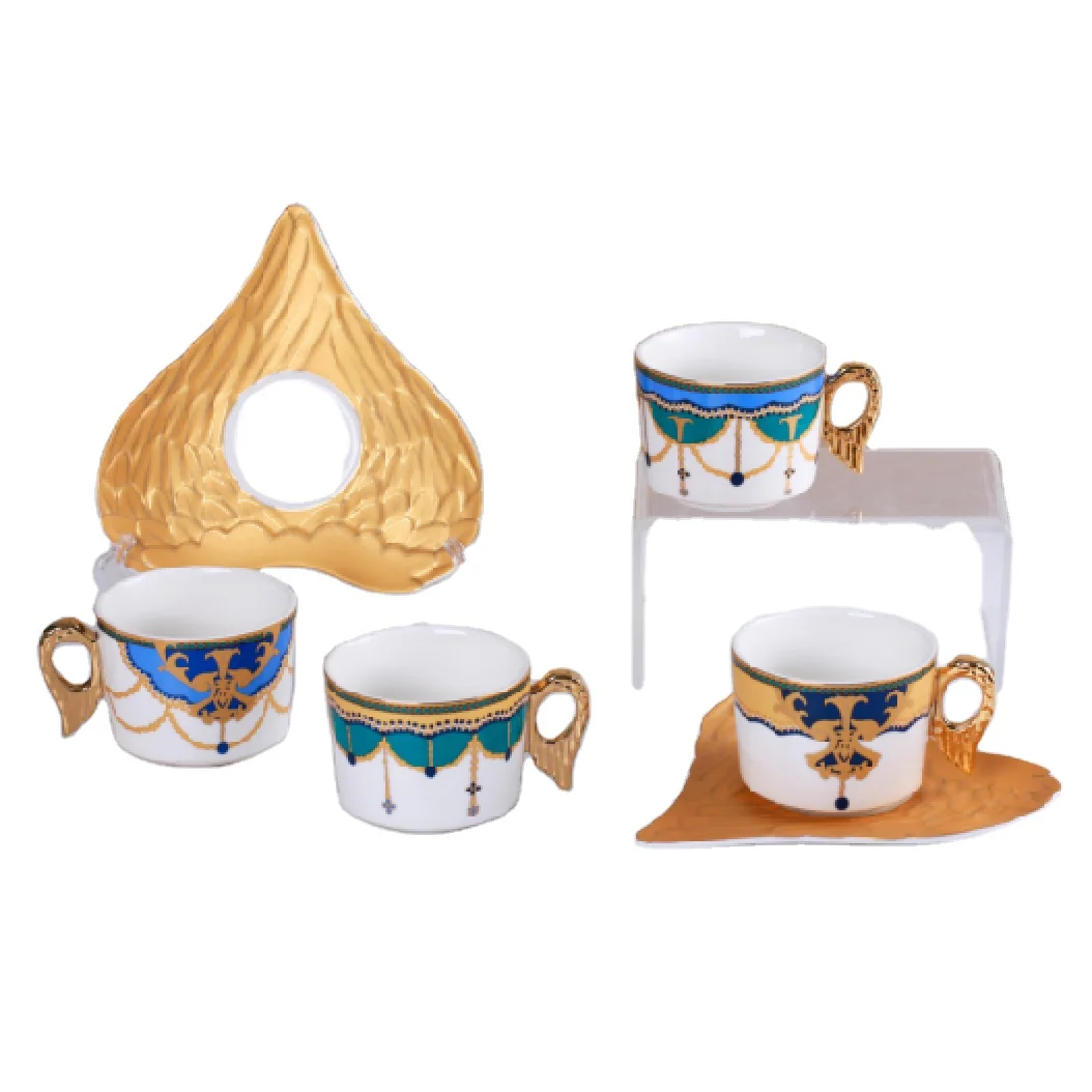 Luxury Gold Classic Tea Cup Coffee Cup with Heart-shaped Saucer Porcelain Cups Angel Wing Handle