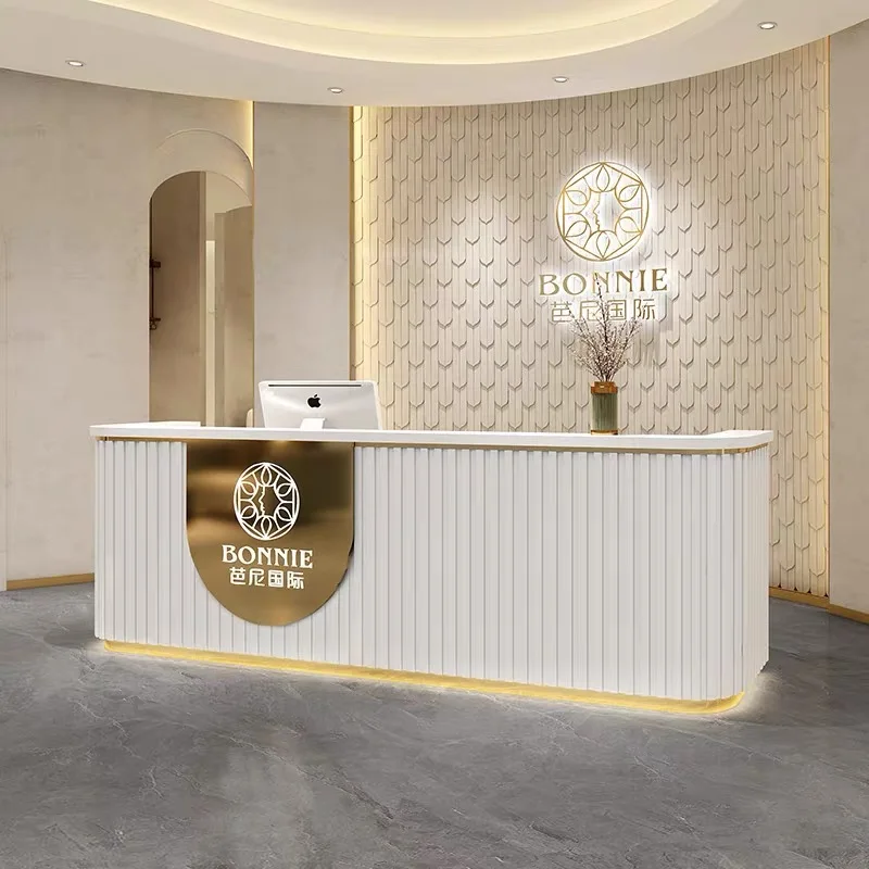 Luxury stainless steel gold stripe marble reception desk can be customized color front desk add LOGO