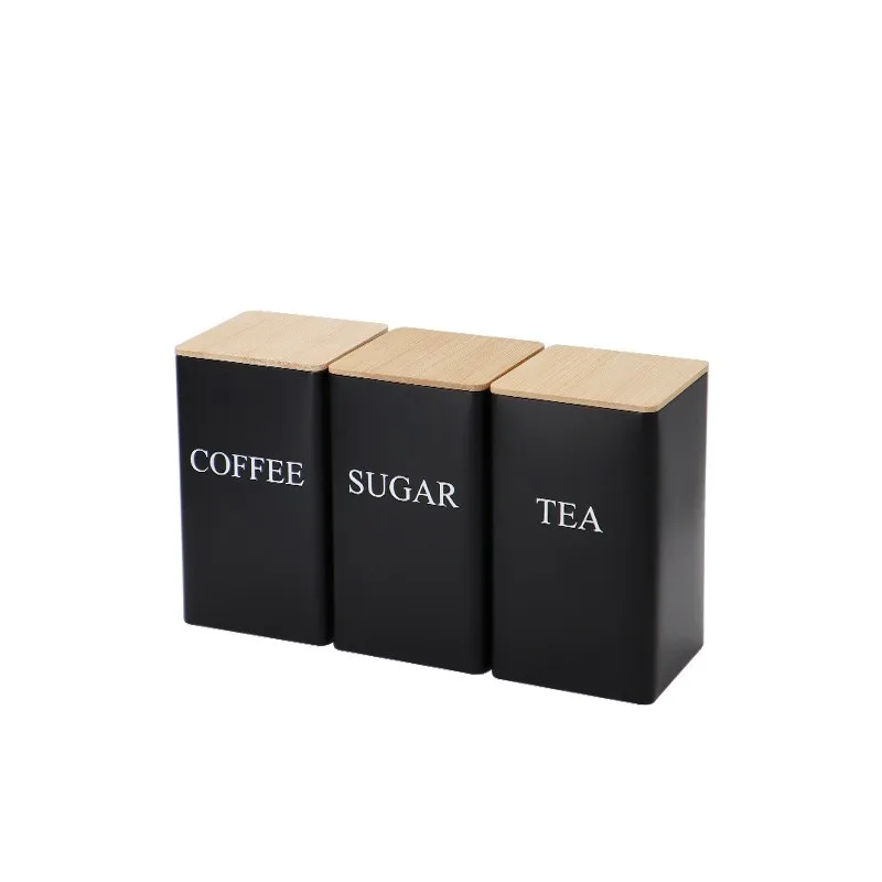 Hot Sale Minimalist Metal Tea Coffee And Sugar Canister Jar Set Wooden Storage Box White Black Can With Bamboo Lid For Kitchen