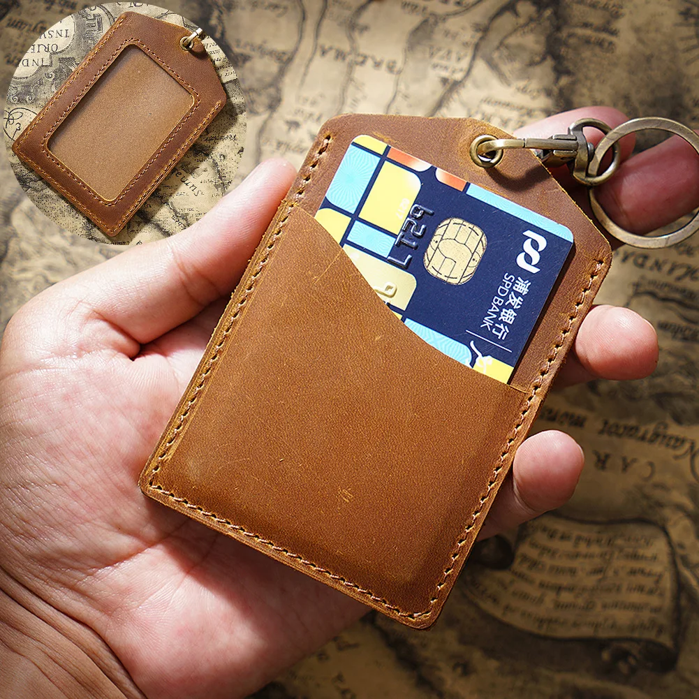 New Style Work Permit Card Holder Name Tag Card Genuine Leather Protective Cover  Campus Access Key Ring Keychain Readers Sleeve