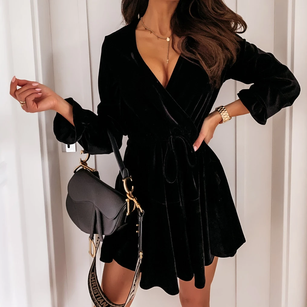 Long sleeve elegant suede fabric evening dresses  party dress for women