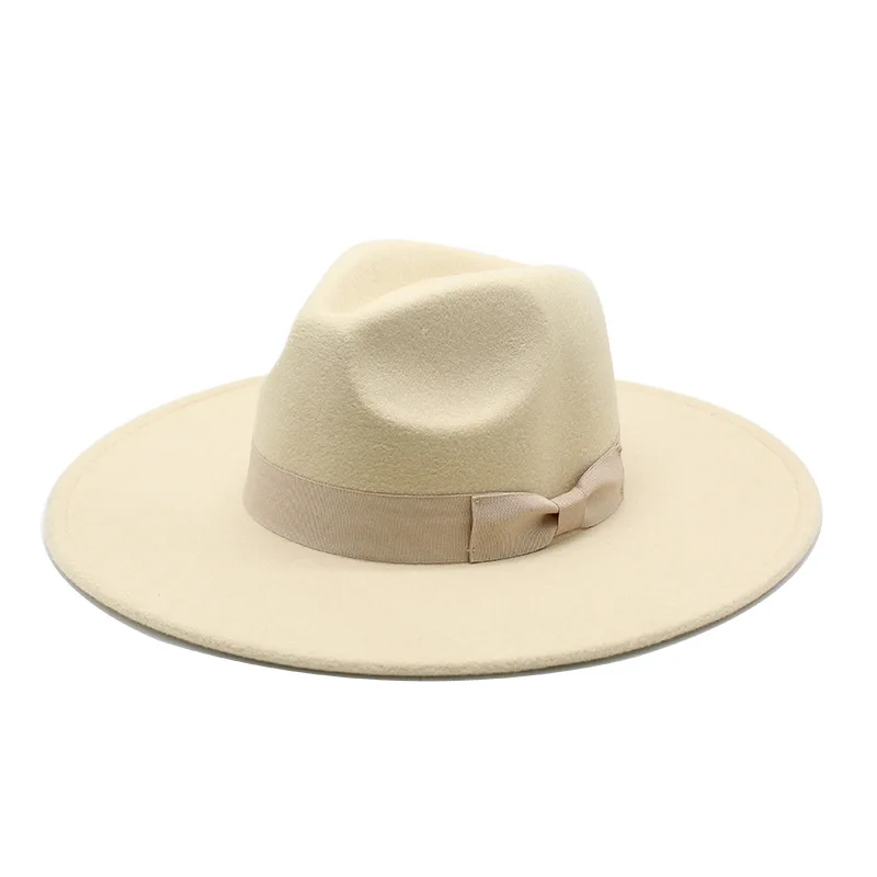 9.5CM Wide Brim Big Fedora Hat With Bow Winter Spring Church Jazz Wedding Hat