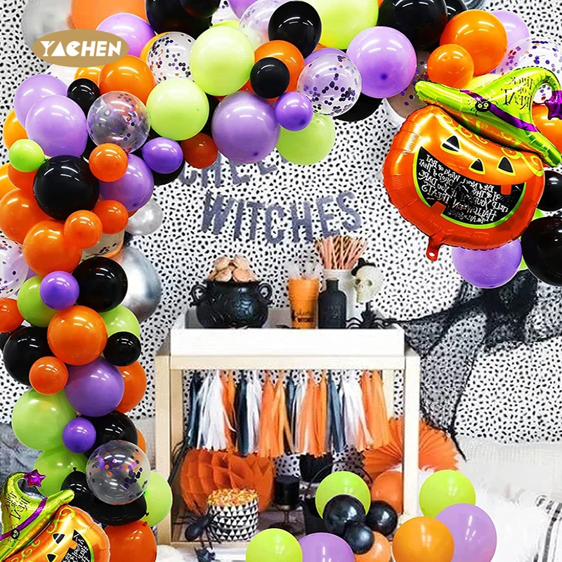 Yachen wholesale 88pcs purple green orange black latex balloons garland arch kit for halloween home party decorations