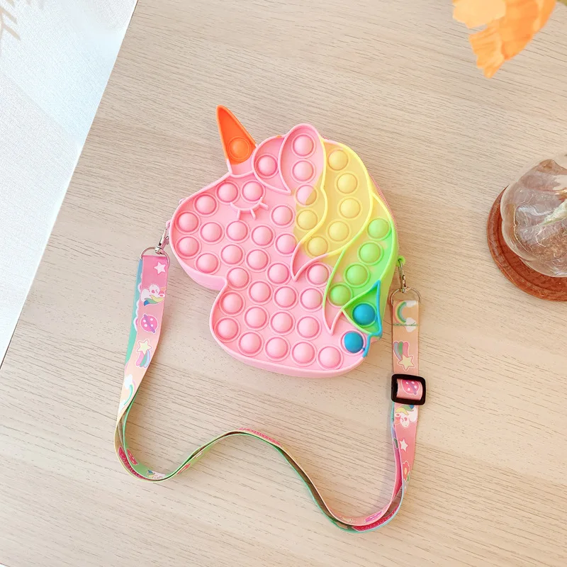 Hot Sale Fashion Silicone Bubble Macaron Cute Unicorn Shoulder Bag Stress Relief Push Bubble Fidget Bag