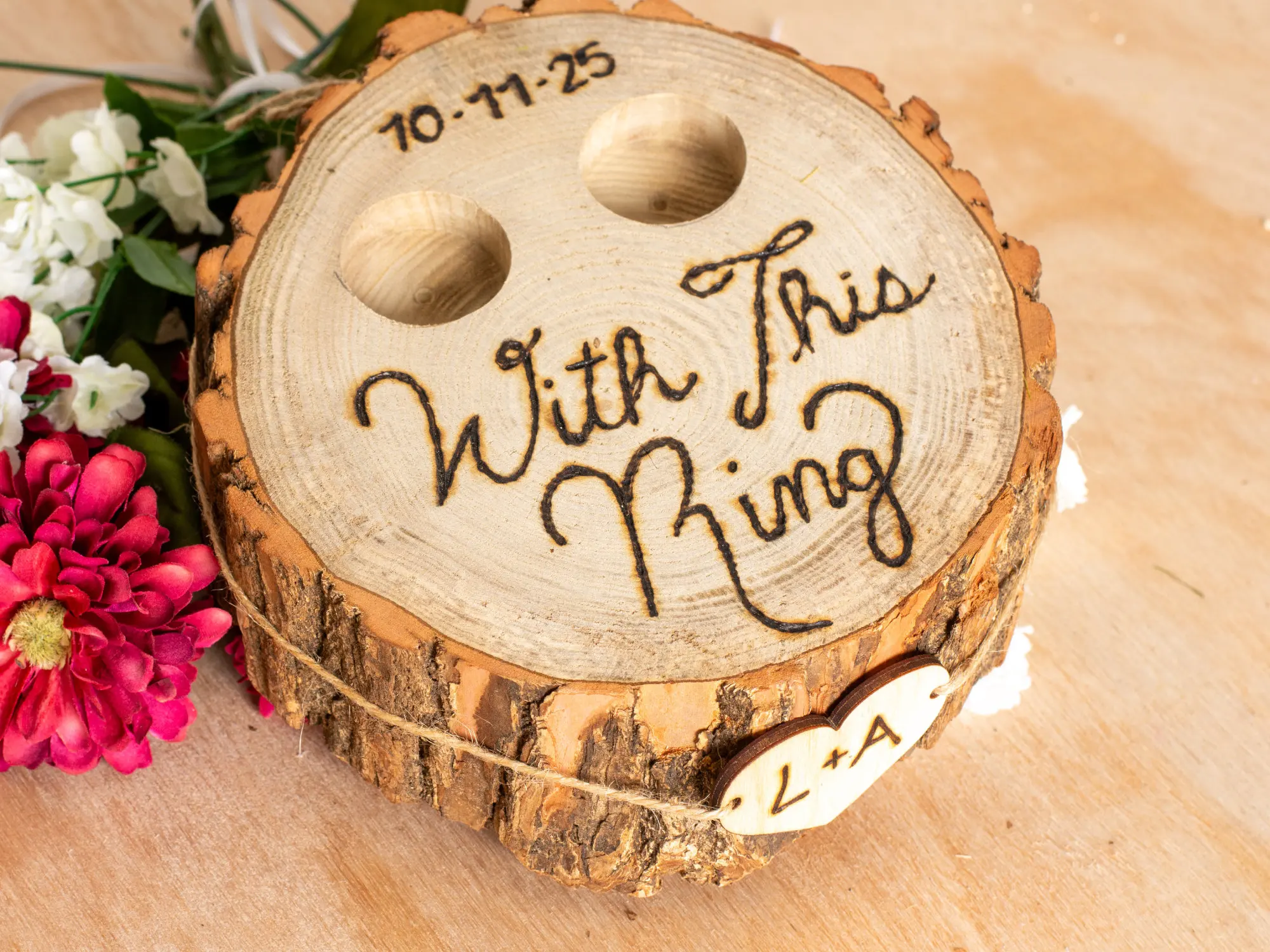 Rustic Ring Box Hand Engraved Personalized Wood Craft Tree Stump Alternative for Ring Bearer Pillow Wall Sign