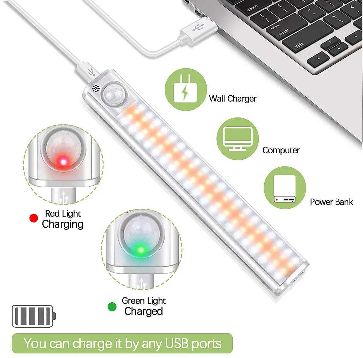  80LED 3 вида цветов движения внутри помещения USB перезаряжаемая диммируемая Беспроводная палка-на ночной свет бар сенсор