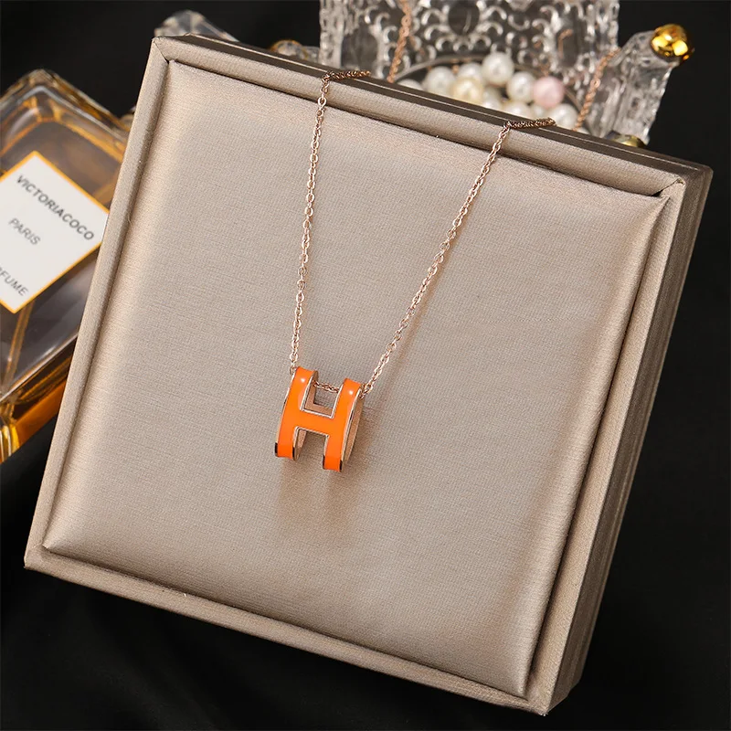 Trendy Stainless Steel Large H Letter Necklace Color Drop Glue Necklace For Women Jewelry Wholesale
