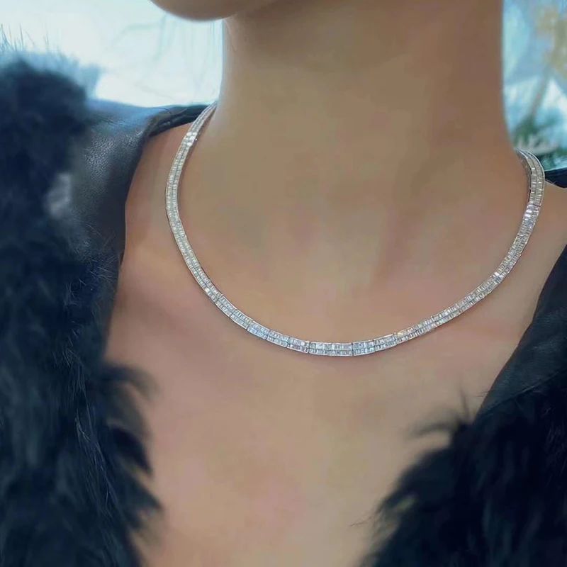 18K Solid Real White Gold Diamond Tennis Necklace for Women 6.8carat Bling Exquisite Luxury Full Diamond chocker square necklace