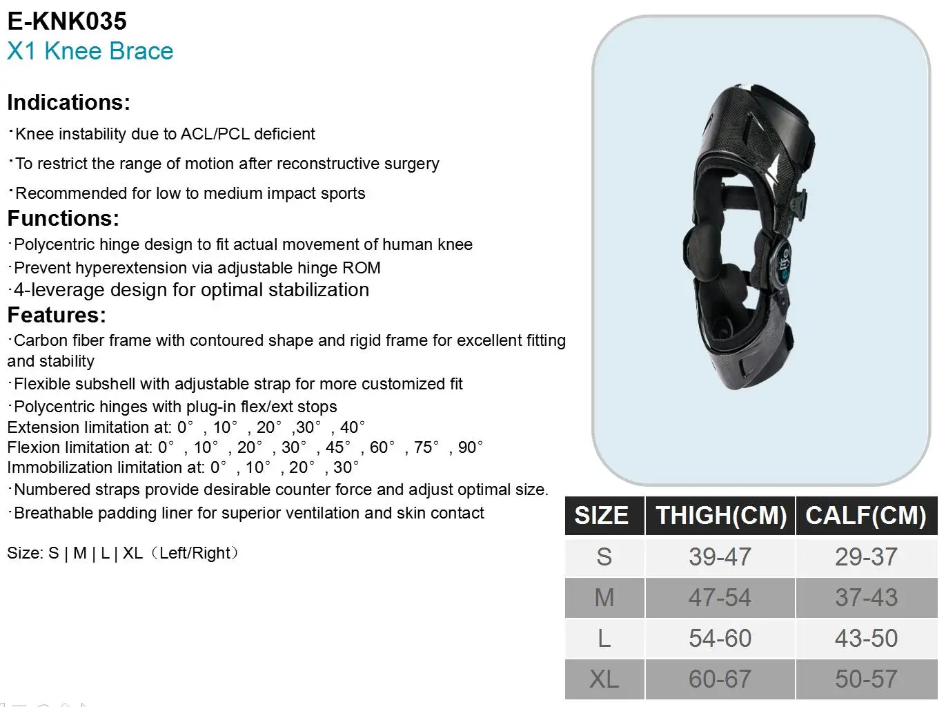 E-Life E-KNK035 X1 High Quality Medical Post Op ACL Polycentric Hinge Kneed Brace Support