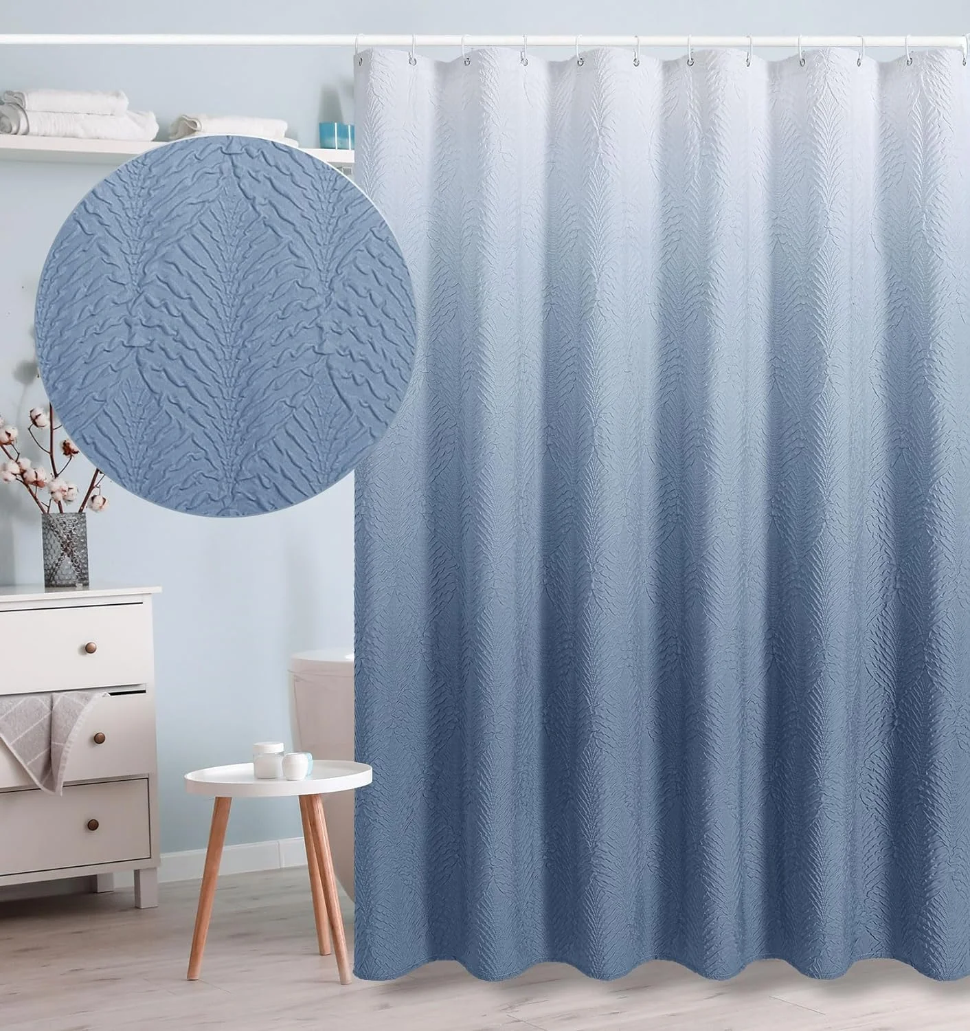 Hotel Quality Luxury  3D Embossed Textured Fabric Polyester Waterproof Blue cloth Boho Striped shower curtain with hook