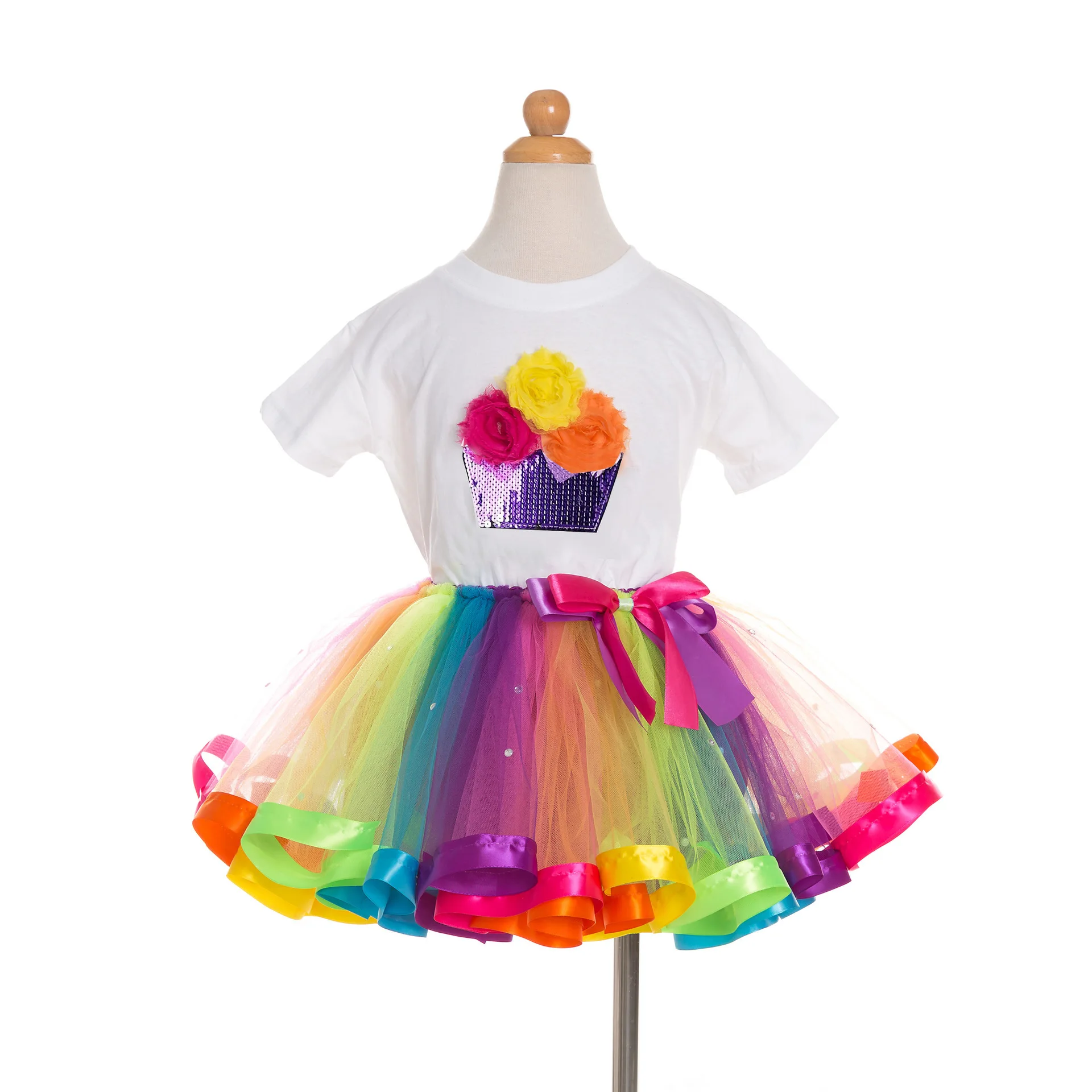 Girls Layered Ballet Tulle Rainbow Tutu Skirt with Cake T Shirt for Little Girl Dress Up