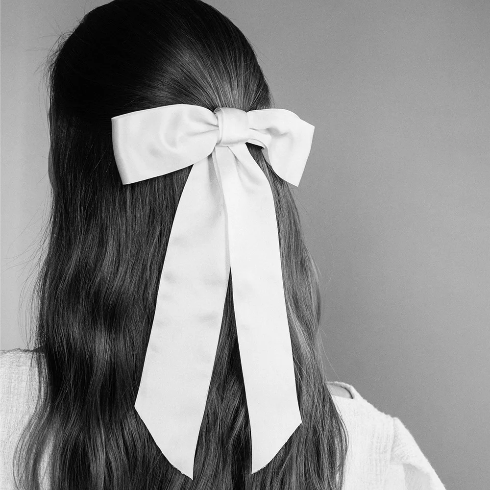 Custom Bow Hair Clip Double-Layer Long Ribbon Big Bow 100% Pure Silk Bow Hair Pin For Women Girls Ponytail