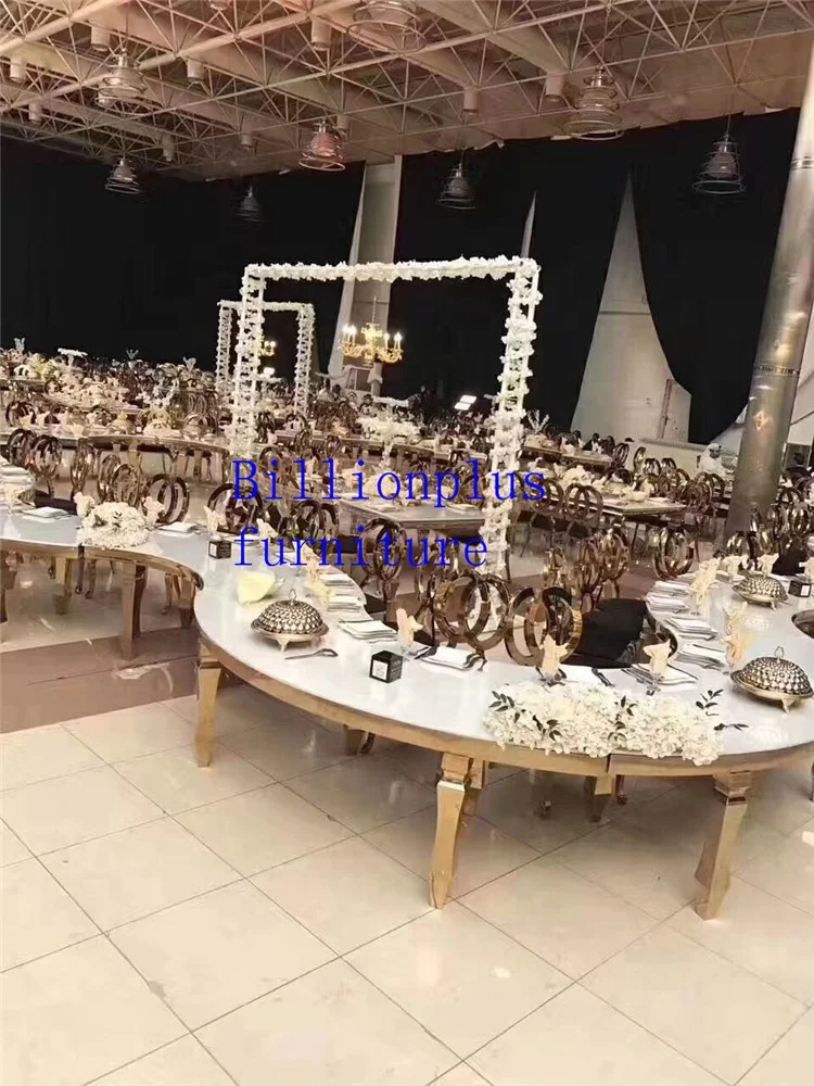 Modern Half Moon Wedding Table with Semicircle Hollow Out Mirror Glass Stainless Steel Dining Room Furniture
