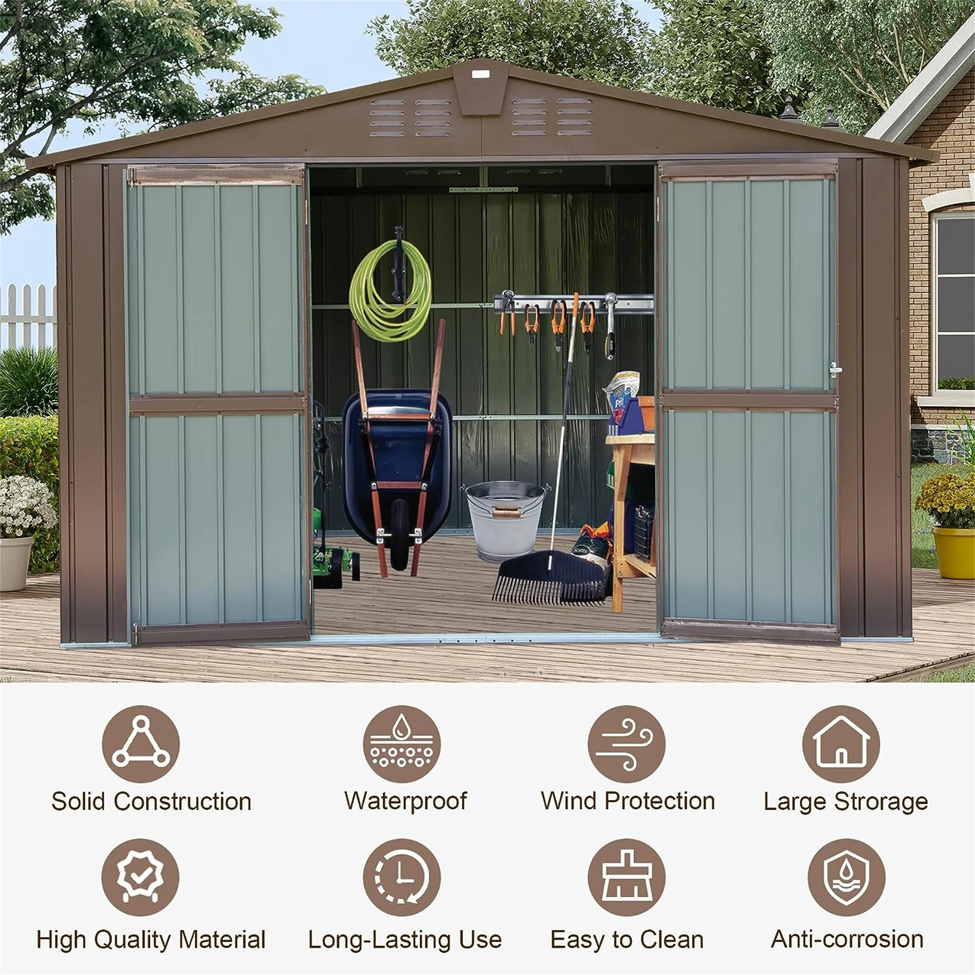 10 * 8 FT Free Shipping Outdoor Storage Shed Metal Tool Sheds Storage House with Lockable Double Door