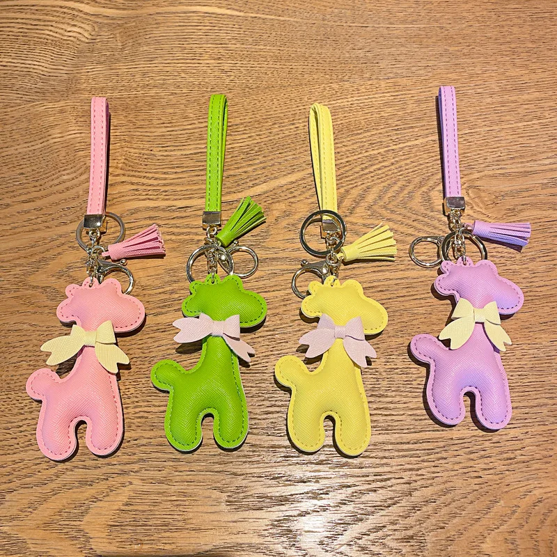 Cute Animal Giraffe PU Leather Keychain For Women Bowknot Tassels Trinket Metal Keychains Car Bag Pendent