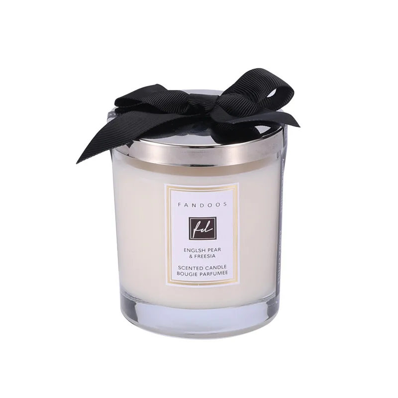 Home Decoration Custom Soy Wax Transparent Glass Jar Scented Candle with Silver Lid & Black Ribbon