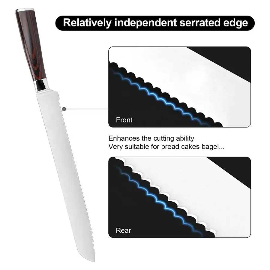 Customised Kitchen 8 Inch Bread Knives Stainless Steel Cake Knives Kitchen Serrated Bread Knife  Pakka Wood