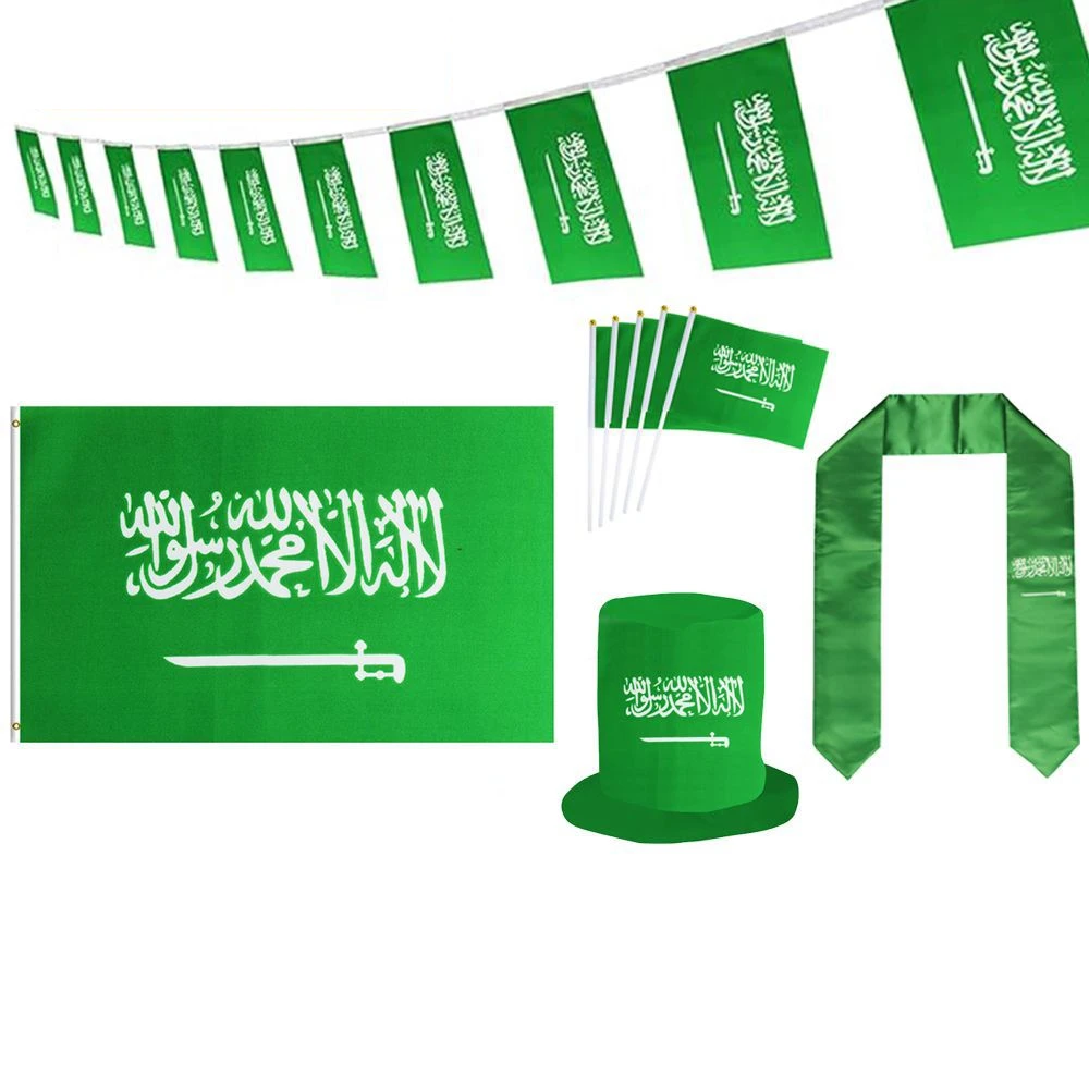 Saudi arabia national day decoration 14*21cm string flag hand flag saudi hat saudi scarf strap