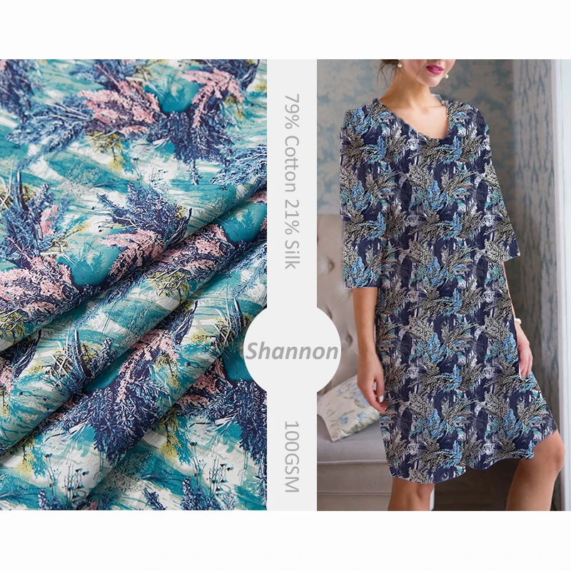 New design digital print 79% cotton 21% silk 100gsm woven poplin fabric soft and smooth for dress shirt