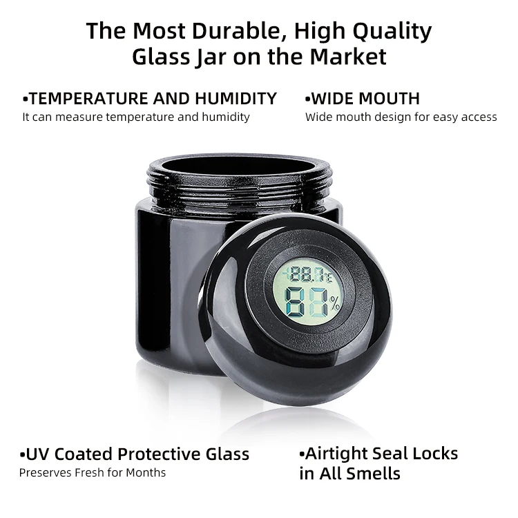 120ml 500ml 1000ml Custom Airtight Smell Proof Storage Container Child Resistant Dark Black Uv Glass Jar With Hygrometer Lids