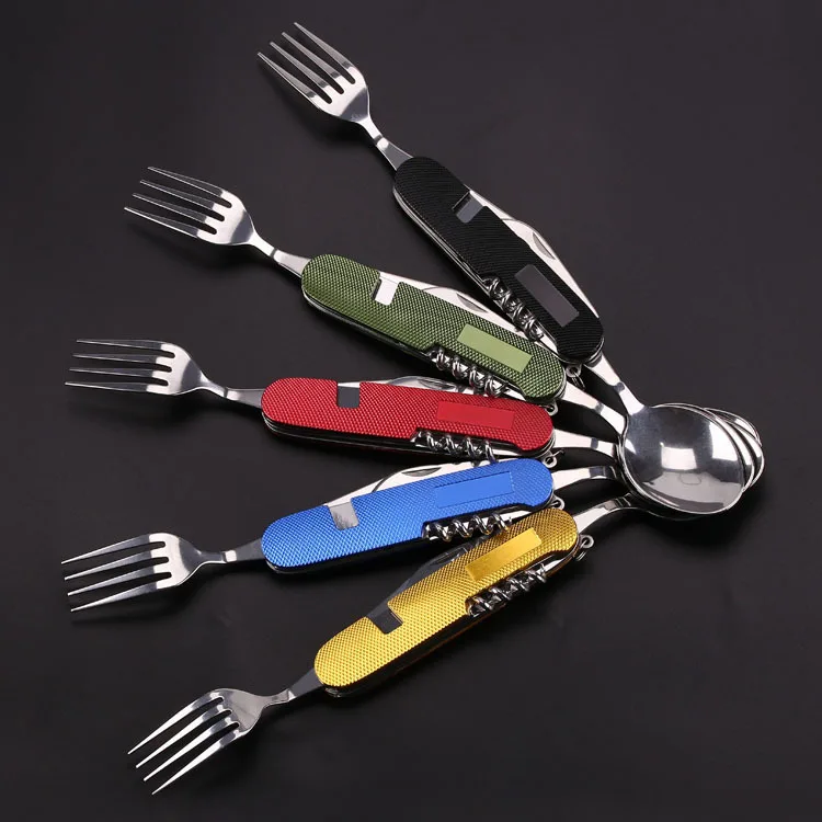 6 in 1 Multi-Function Detachable Folding Cutlery Set Stainless Steel Spoon Fork and Knife Opener Outdoor Camping Tableware Set