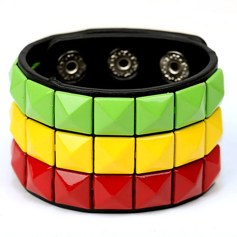 Punk Fashion Leather Wristband Bracelet for Men Personalized Width Multi Color Square Nail Bracelets Jewelry Accessories