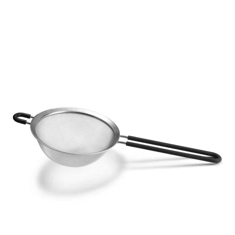 Wholesale Stainless Steel Strainer Sieve Colander/Wire Skimmer Spoon/Fine Mesh Stainless Steel Strainers with Silicone Handles.