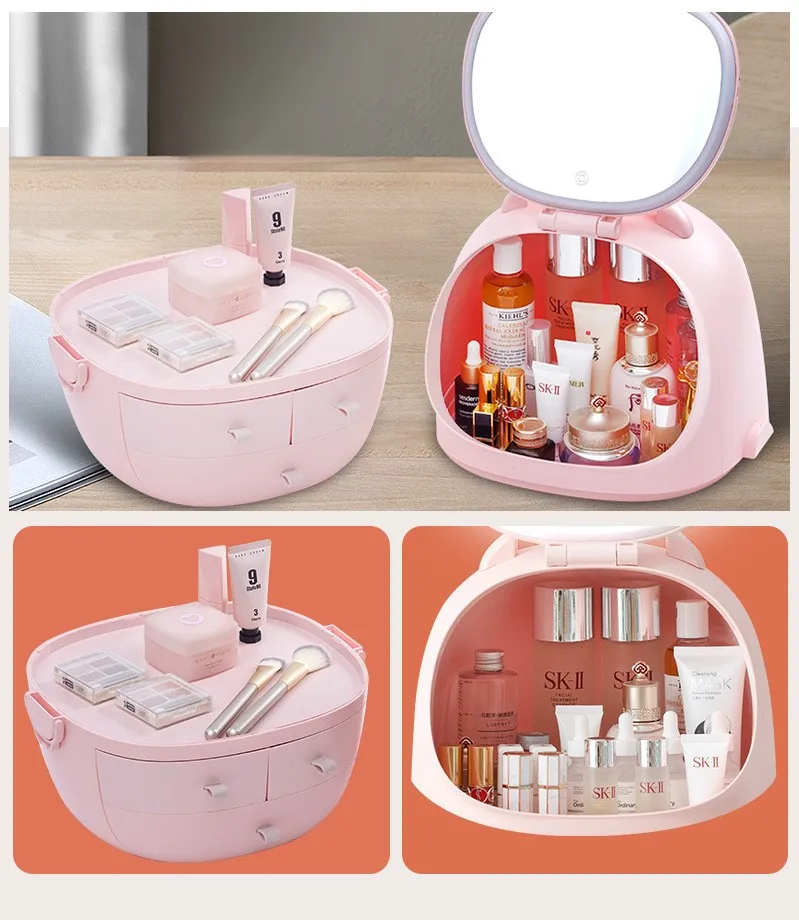Household Plastic Dust-Proof Double Layer Beauty Makeup Storage Box with Lift Mirror Cute Lazy Cosmetic Storage Box