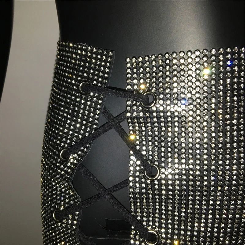 SH1028 Luxury Glitter Metal Crystal Diamonds Skirts Women Diamonds Rhinestone Lace Up Sexy Clubwear Nightclub Mini Skirt