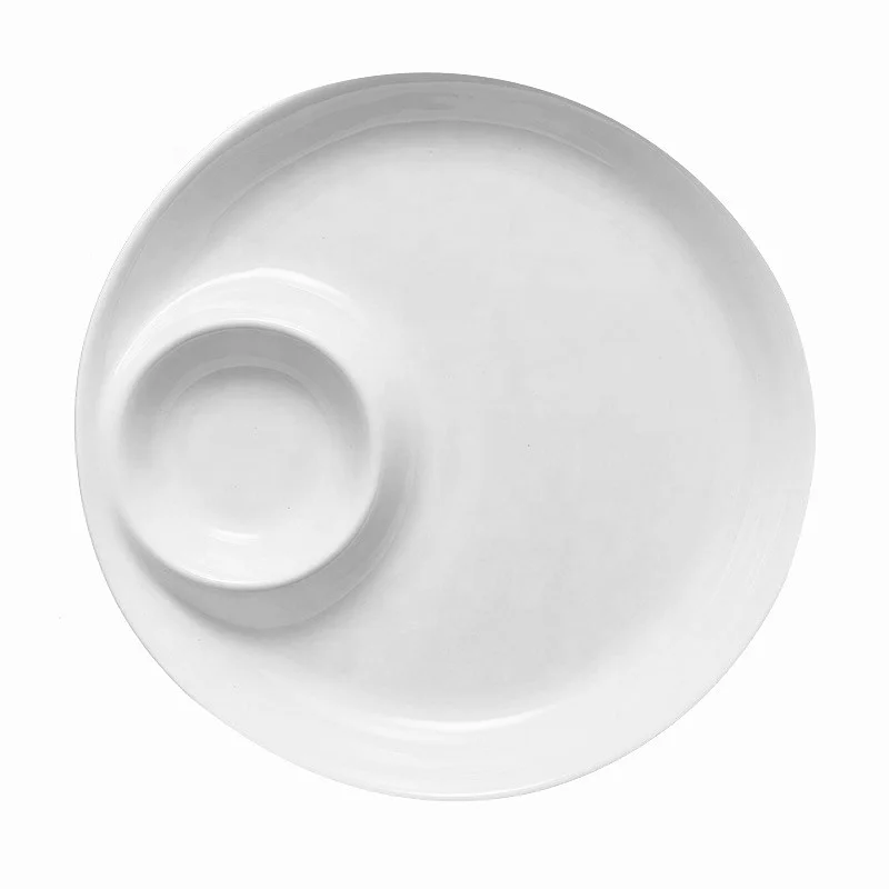 Round dish partition plate two in one restaurant plates small 2 compartment containers ceramic chip and dip serving platter