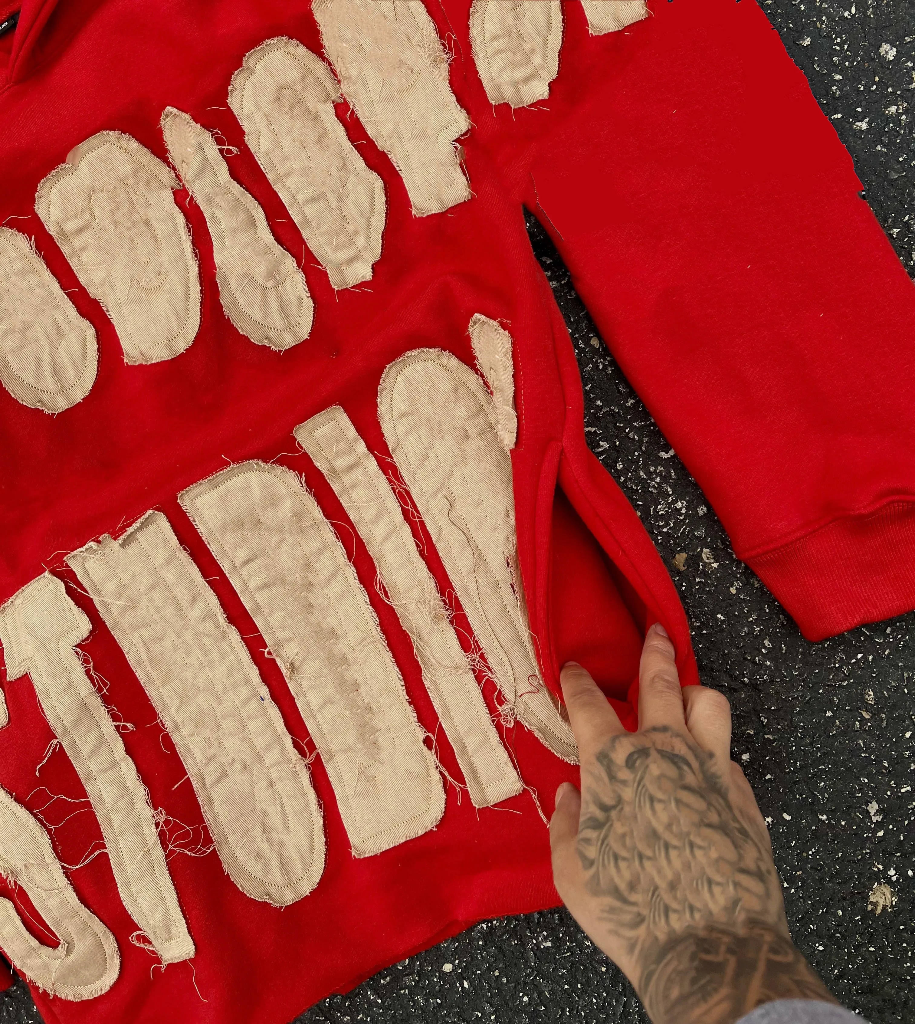 Heavyweight Copped Custom Distressed Embroidery Applique Patch Mens Pullover Autumn Winter Raw Hem Cropped Hoodie Oversized Men