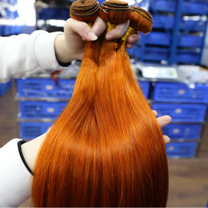 Orange Ginger Color Straight Virgin Human Hair Extensions,350# Orange Ginger Ombre Color Hair Bundles with Lace Frontal Closure