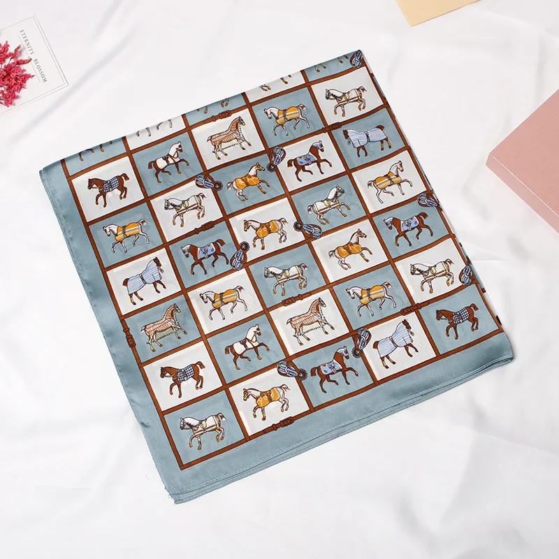 
Silk scarf women 2019 summer real silk satin small square scarf Plaid horse group printing 