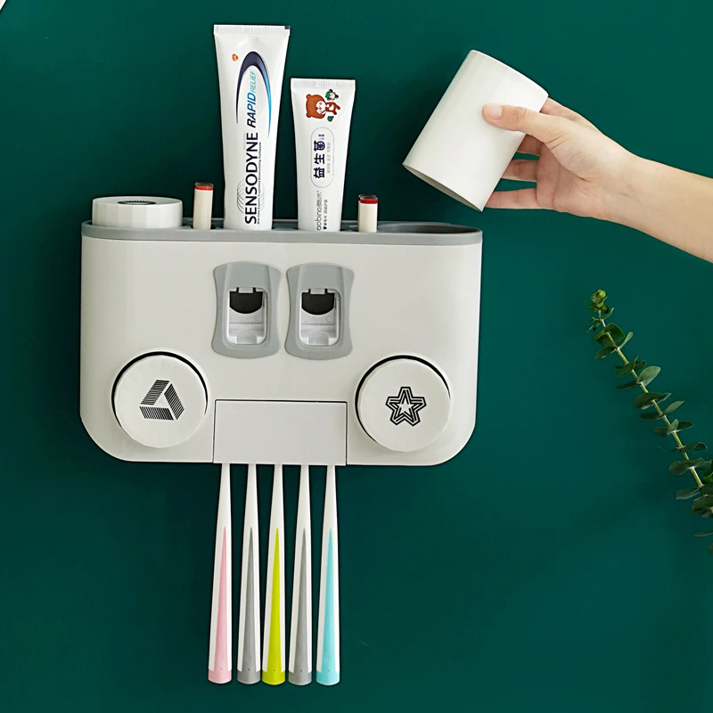 Toothbrush Rack Free Punching Bathroom Mouthwash Dental Cup Set Suction Wall-mounted Toothpaste Squeezing Device Dental Rack