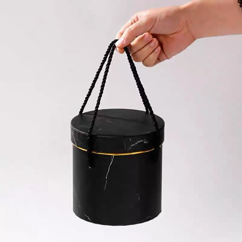 Hot gold foil Marble Delicate appearance suitcase cardboard paper round makeup wedding flower wrapped gift box whit handle