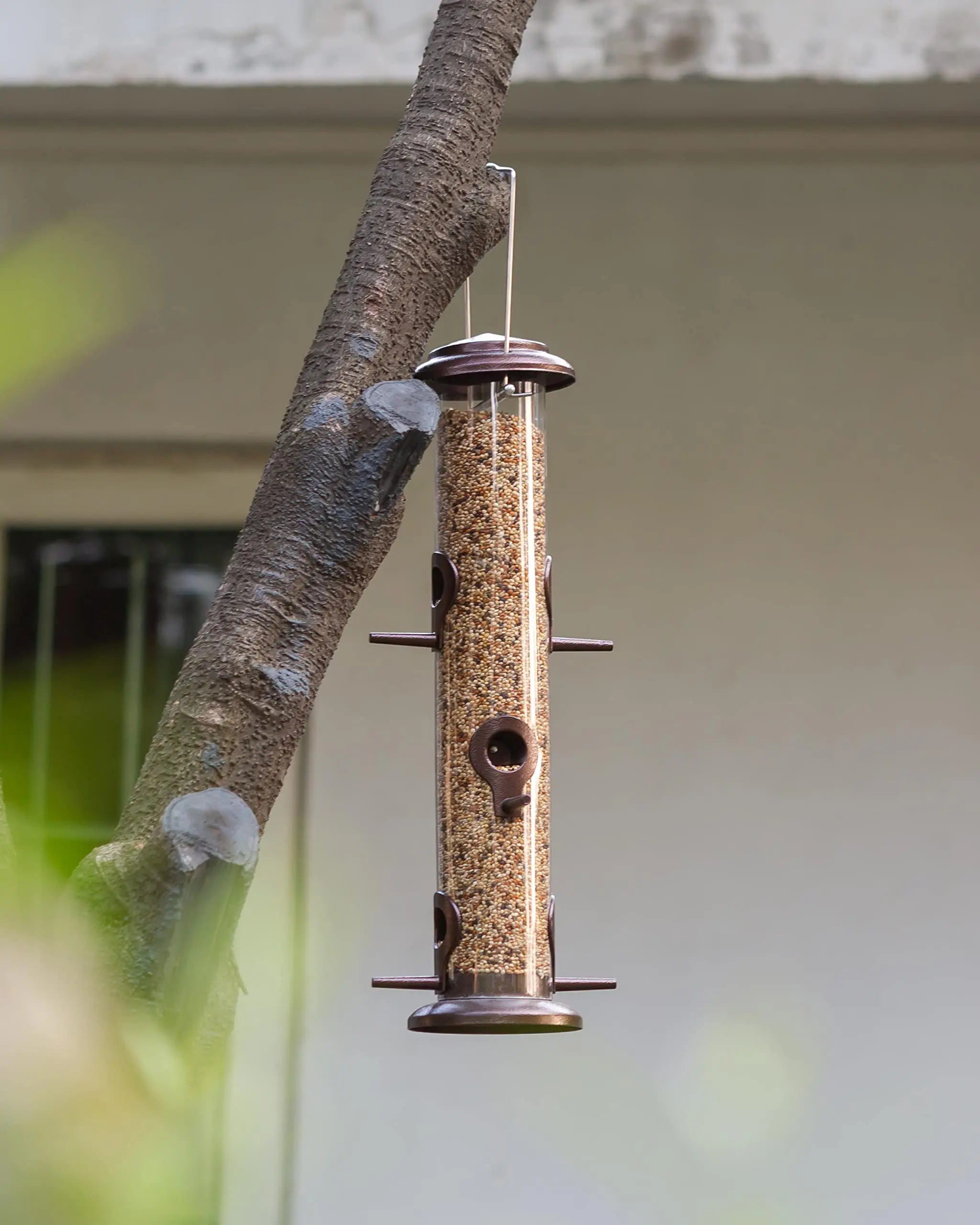 Metal Bird Feeders Brushed Copper Wild Bird Feeder for Outdoors Hanging All Metal Brushed Copper Finishing 14 Inch 6 Port