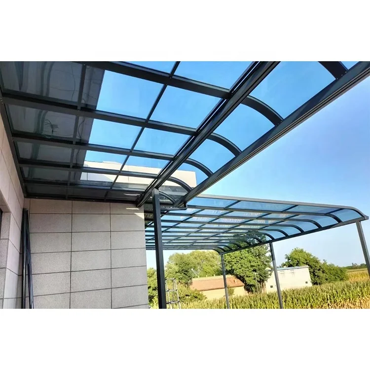 Unbreakable aluminum frame awning window with a fixed clear glass canopy over the entrance door