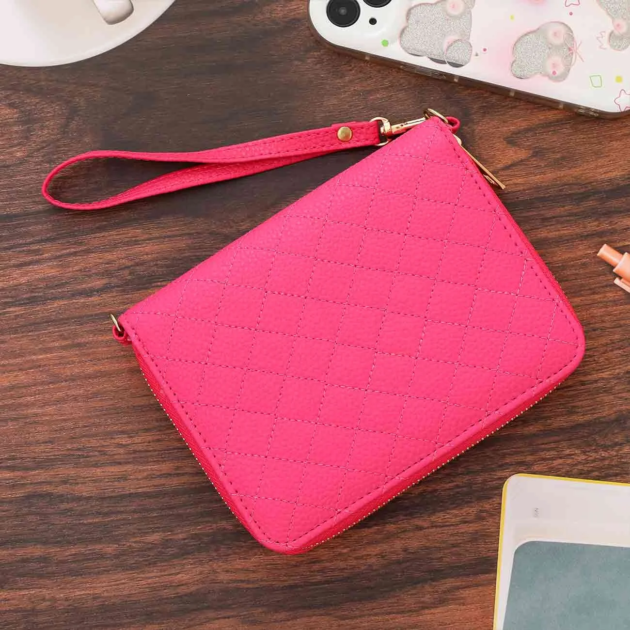 Hongbo Best Selling Gift 9-Color Gold-Ring A7 Pebble Quilted Leather Zip Budget Binder Wallet with Bracelet/Wrist Band Available