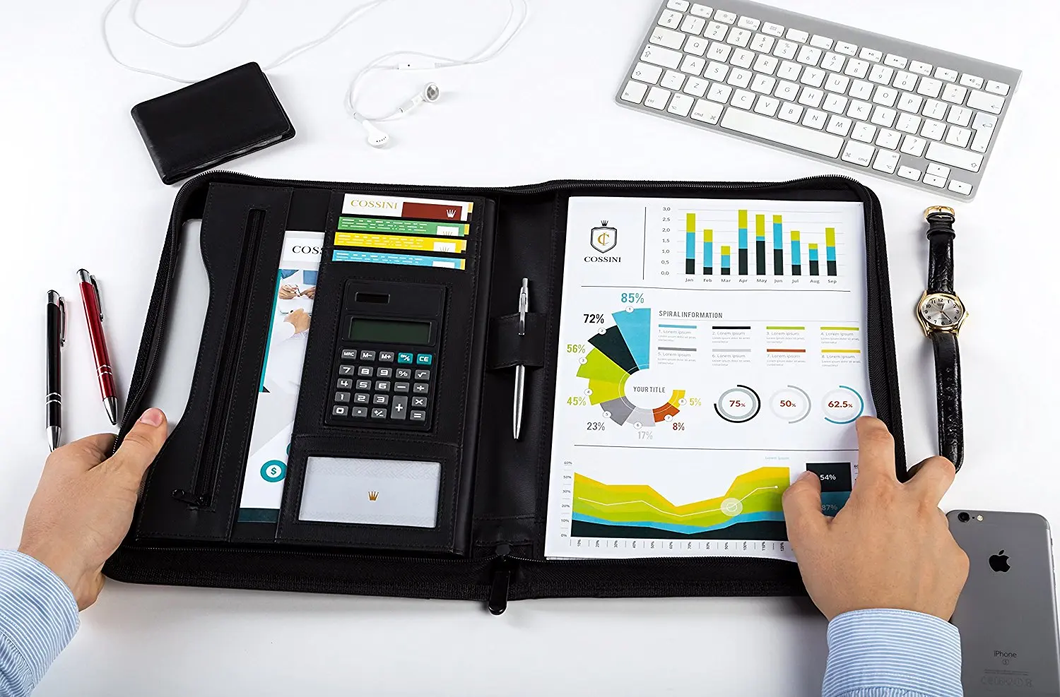 PU Leather Business Portfolio/Padfolio with Zippered Closure and Interior Tablet Sleeve