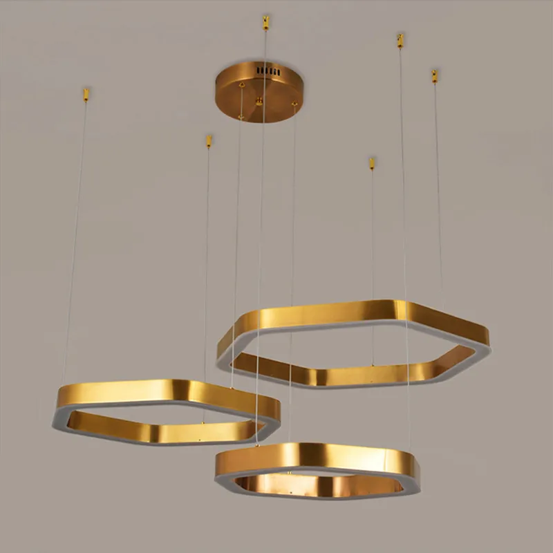Stainless steel modern chandelier simple hexagonal golden living room lamp Hotel engineering lobby decorated circle chandelier