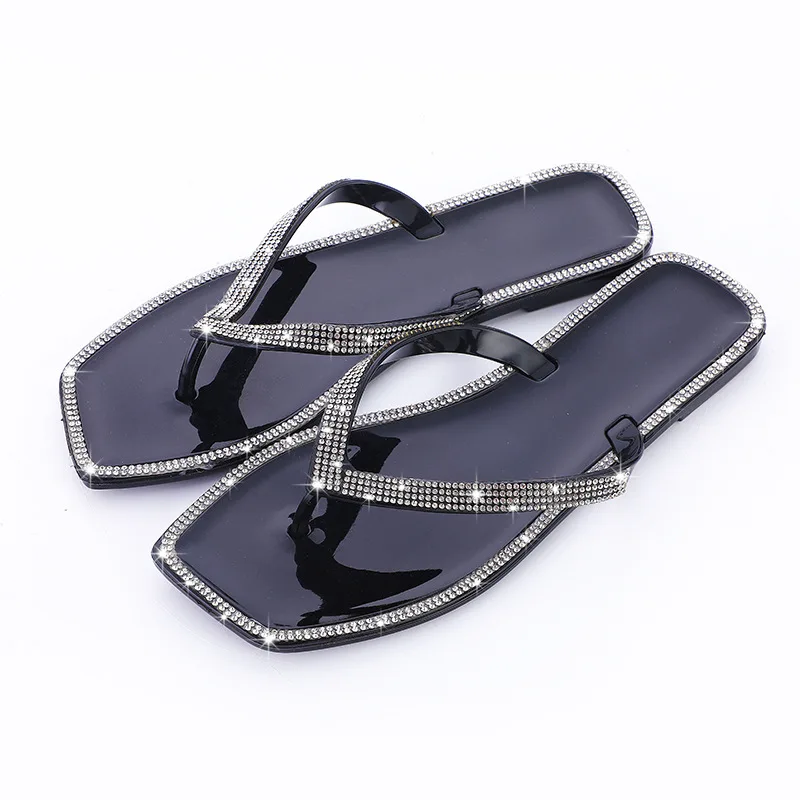 Шлепанцы женские с квадратным носком, сандалии-желе с кристаллами, плоская подошва, уличные тапочки, Цвет Алмаз