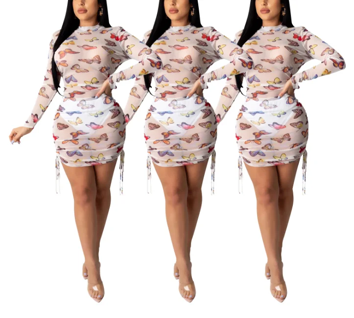 
Fashionable sexy transparent gauze butterfly print dress 